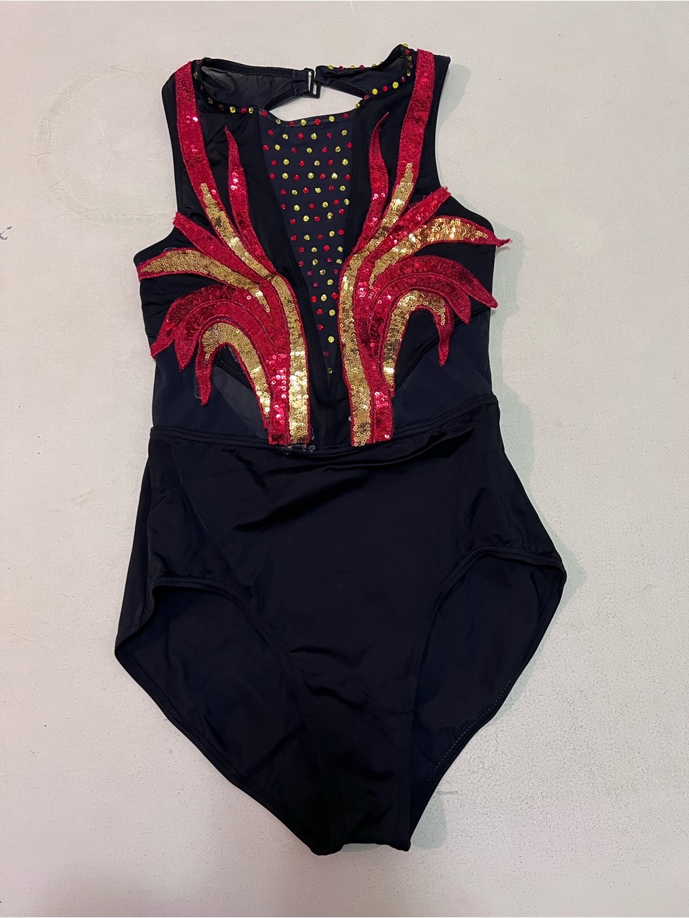 Balera Black Leotard with custom embellishments and Red and Gold rhinestones